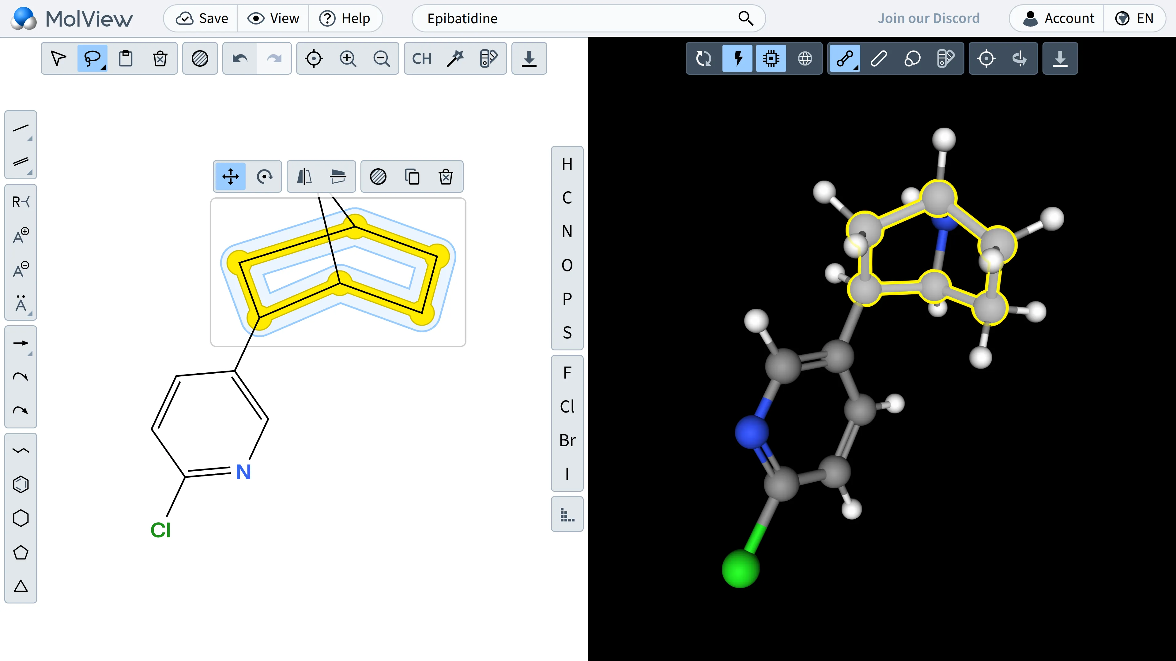 MolView sketcher and 3D viewer showing epibatidine